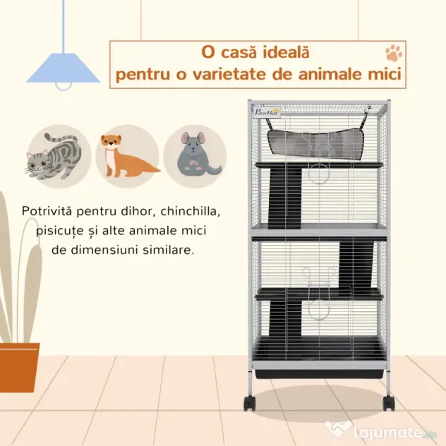 PawHut Cușcă pentru Rozătoare cu 3 Etaje, 4 Roți și Tavă Detașabilă Gri | Aosom Romania