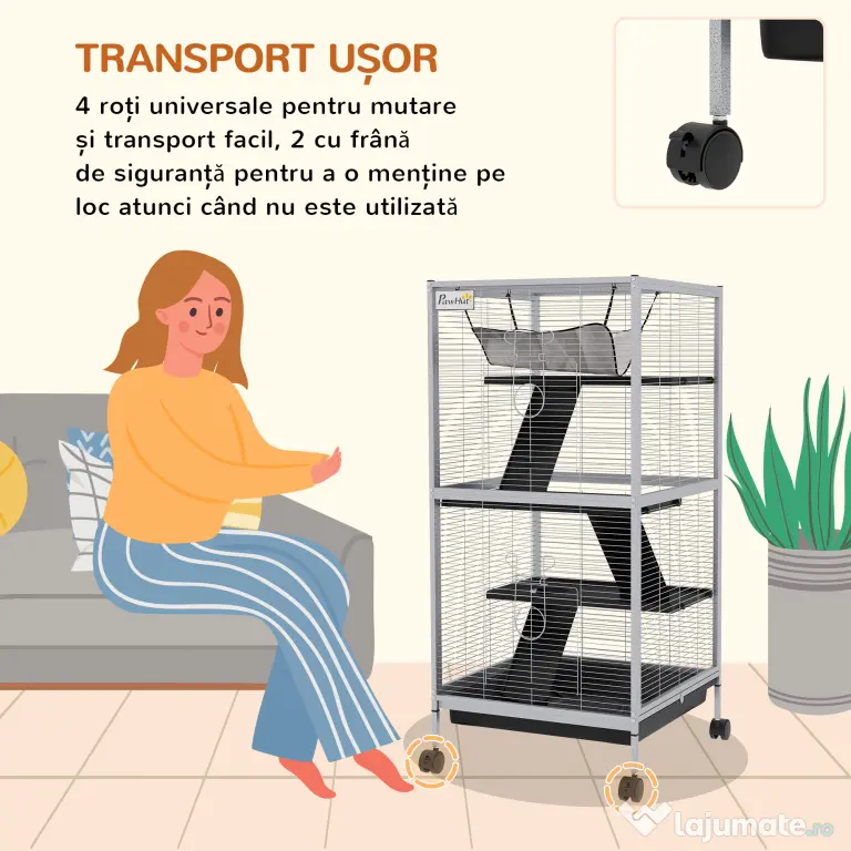 PawHut Cușcă pentru Rozătoare cu 3 Etaje, 4 Roți și Tavă Detașabilă Gri | Aosom Romania