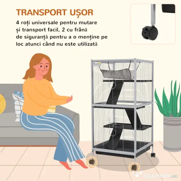 PawHut Cușcă pentru Rozătoare cu 3 Etaje, 4 Roți și Tavă Detașabilă Gri | Aosom Romania