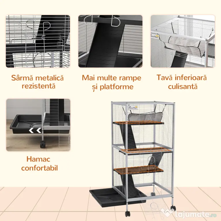 PawHut Cușcă pentru Rozătoare cu 3 Etaje, 4 Roți și Tavă Detașabilă Gri | Aosom Romania