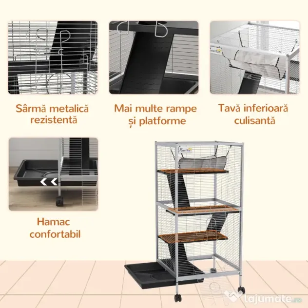 PawHut Cușcă pentru Rozătoare cu 3 Etaje, 4 Roți și Tavă Detașabilă Gri | Aosom Romania