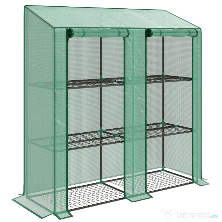 Outsunny Seră de Grădină cu Copertină din PE, Seră cu Acoperiș Înclinat, 2 Uși Rulante și 6 Rafturi, 143x46x151cm, Verde | Aosom Romania