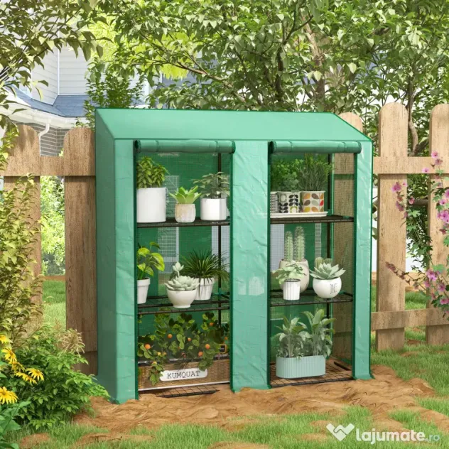 Outsunny Seră de Grădină cu Copertină din PE, Seră cu Acoperiș Înclinat, 2 Uși Rulante și 6 Rafturi, 143x46x151cm, Verde | Aosom Romania