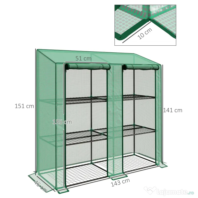 Outsunny Seră de Grădină cu Copertină din PE, Seră cu Acoperiș Înclinat, 2 Uși Rulante și 6 Rafturi, 143x46x151cm, Verde | Aosom Romania