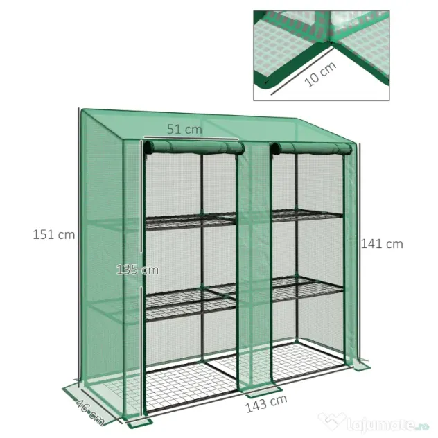 Outsunny Seră de Grădină cu Copertină din PE, Seră cu Acoperiș Înclinat, 2 Uși Rulante și 6 Rafturi, 143x46x151cm, Verde | Aosom Romania