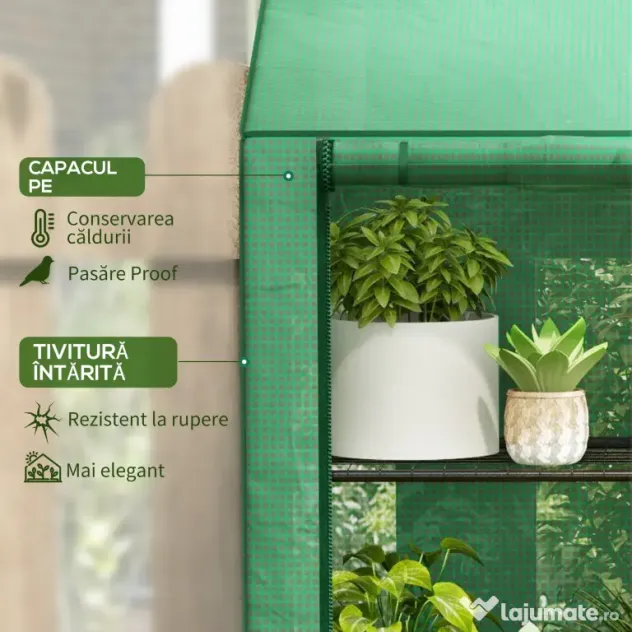 Outsunny Seră de Grădină cu Copertină din PE, Seră cu Acoperiș Înclinat, 2 Uși Rulante și 6 Rafturi, 143x46x151cm, Verde | Aosom Romania
