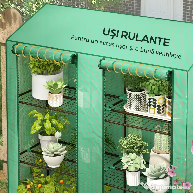 Outsunny Seră de Grădină cu Copertină din PE, Seră cu Acoperiș Înclinat, 2 Uși Rulante și 6 Rafturi, 143x46x151cm, Verde | Aosom Romania