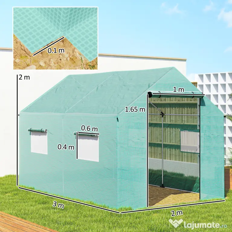 Outsunny Seră de Grădină Tip Tunel 2x3x2 m cu Uși și Ferestre Rulabile, Acoperiș Înclinat, Structură din Oțel și Acoperire PE, pentru Grădină Legume Flori Fructe, Anti-UV, Verde | Aosom Romania