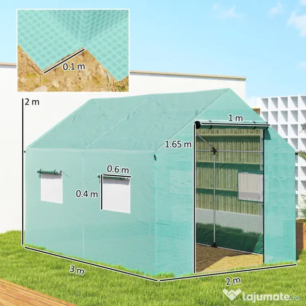 Outsunny Seră de Grădină Tip Tunel 2x3x2 m cu Uși și Ferestre Rulabile, Acoperiș Înclinat, Structură din Oțel și Acoperire PE, pentru Grădină Legume Flori Fructe, Anti-UV, Verde | Aosom Romania