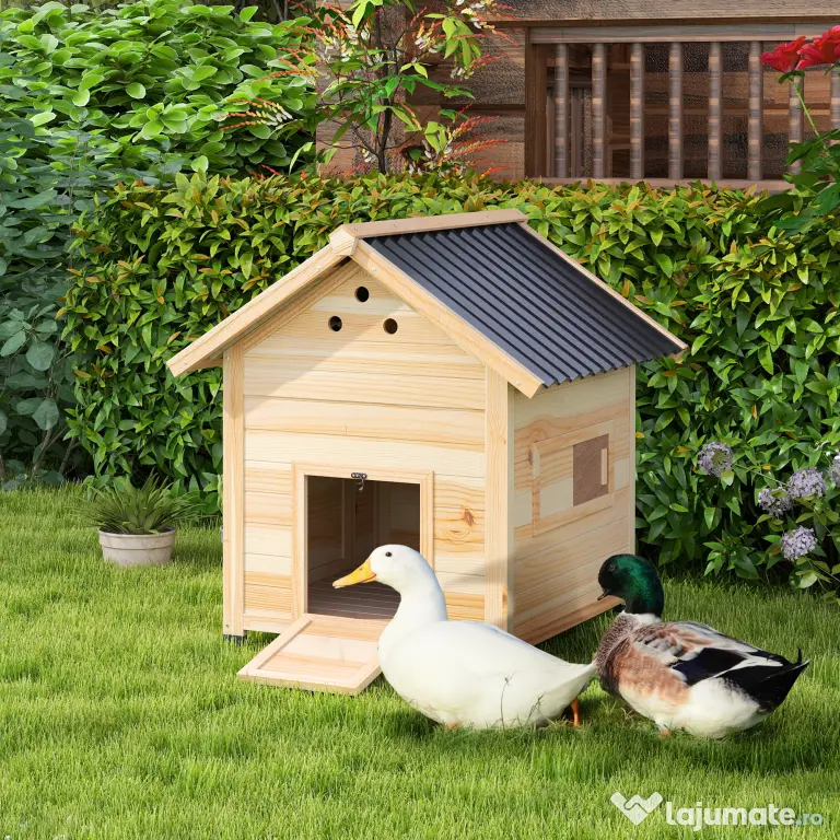 PawHut Căsuță pentru Rațe de Exterior, Adăpost pentru Rațe cu Rampă, Podea Detașabilă, Acoperiș Înclinat și Orificii de Ventilație, 78x90x92 cm, Lemn | Aosom Romania