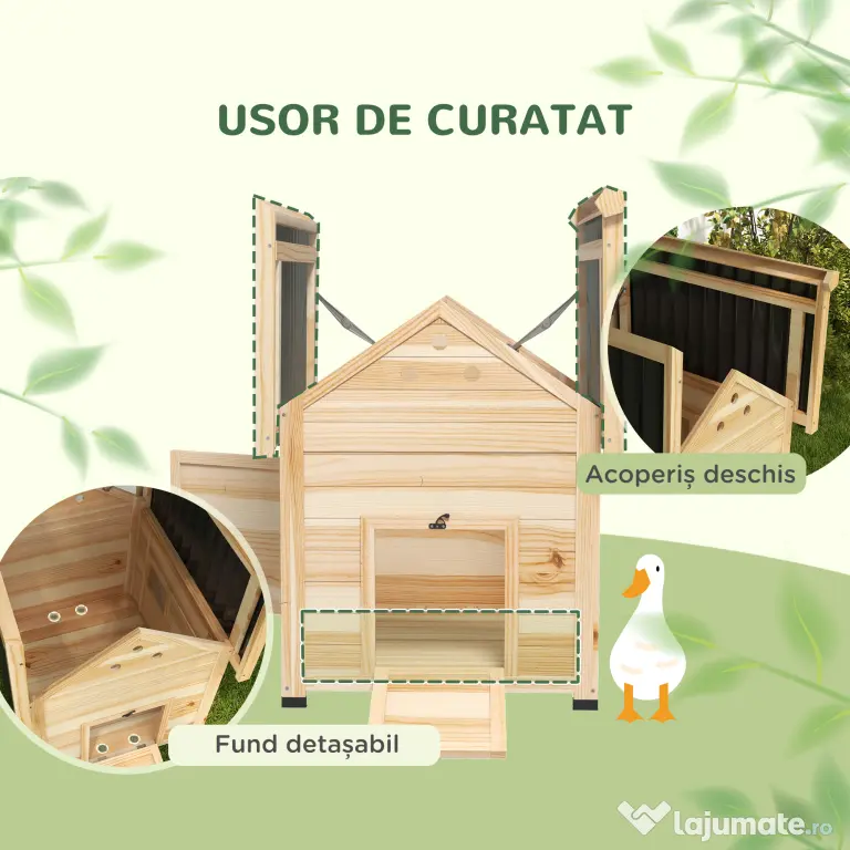 PawHut Căsuță pentru Rațe de Exterior, Adăpost pentru Rațe cu Rampă, Podea Detașabilă, Acoperiș Înclinat și Orificii de Ventilație, 78x90x92 cm, Lemn | Aosom Romania