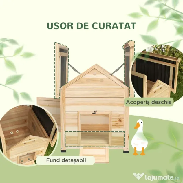 PawHut Căsuță pentru Rațe de Exterior, Adăpost pentru Rațe cu Rampă, Podea Detașabilă, Acoperiș Înclinat și Orificii de Ventilație, 78x90x92 cm, Lemn | Aosom Romania