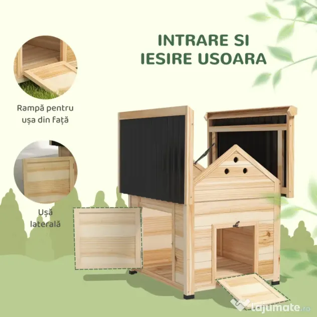 PawHut Căsuță pentru Rațe de Exterior, Adăpost pentru Rațe cu Rampă, Podea Detașabilă, Acoperiș Înclinat și Orificii de Ventilație, 78x90x92 cm, Lemn | Aosom Romania