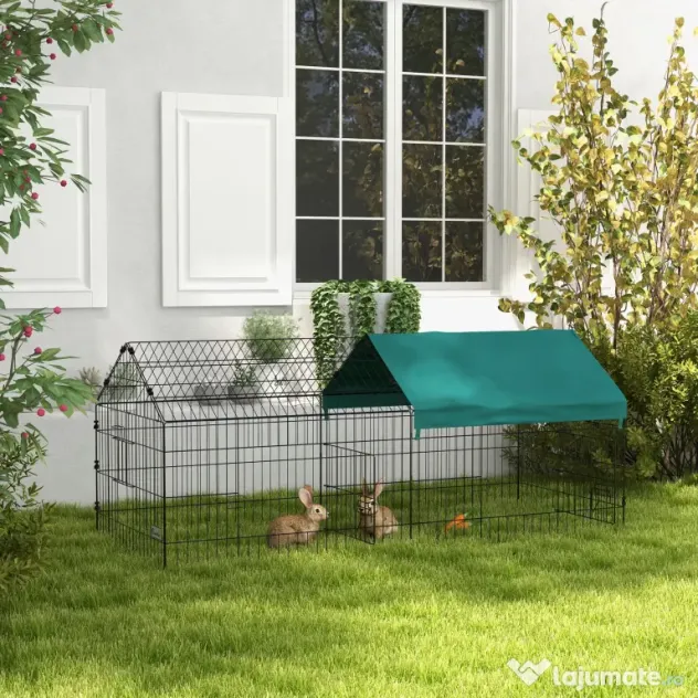 PawHut Cușcă pentru Iepuri și Găini de Exterior și Interior cu Protecție Solară și Grilaj Metalic, Coteț Recint pentru Animale Mici, Găini, 185x75x75 cm, Verde | Aosom Romania