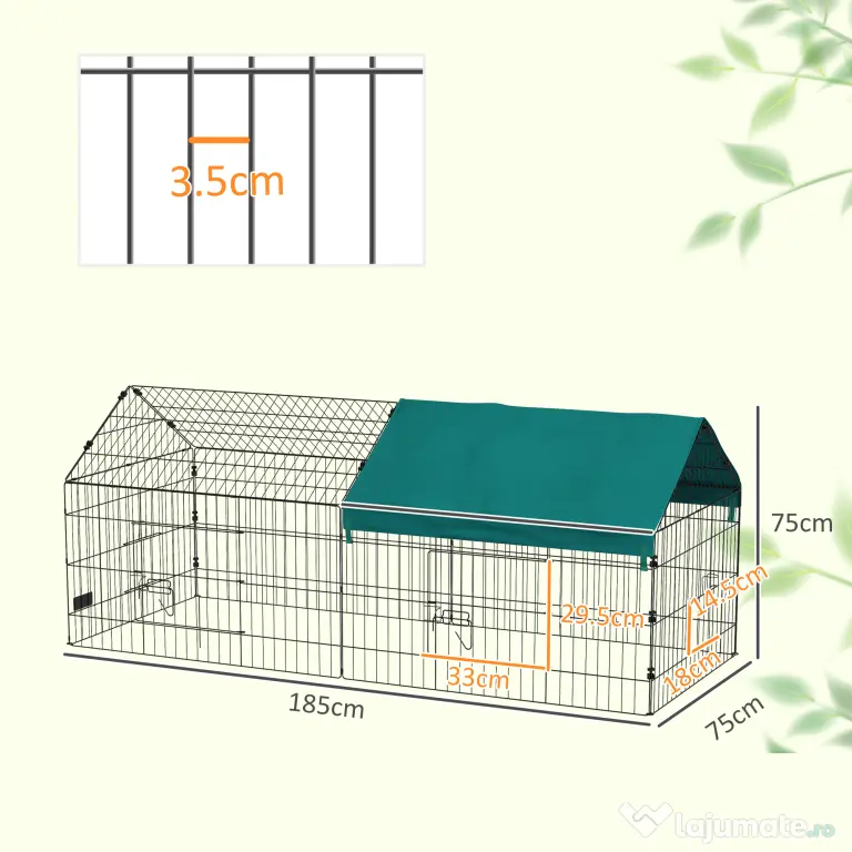 PawHut Cușcă pentru Iepuri și Găini de Exterior și Interior cu Protecție Solară și Grilaj Metalic, Coteț Recint pentru Animale Mici, Găini, 185x75x75 cm, Verde | Aosom Romania