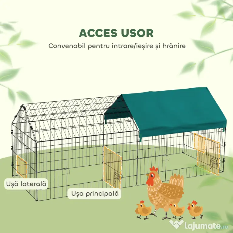 PawHut Cușcă pentru Iepuri și Găini de Exterior și Interior cu Protecție Solară și Grilaj Metalic, Coteț Recint pentru Animale Mici, Găini, 185x75x75 cm, Verde | Aosom Romania
