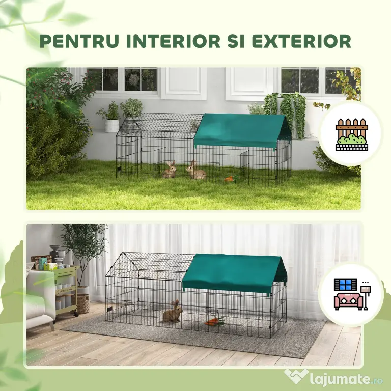 PawHut Cușcă pentru Iepuri și Găini de Exterior și Interior cu Protecție Solară și Grilaj Metalic, Coteț Recint pentru Animale Mici, Găini, 185x75x75 cm, Verde | Aosom Romania