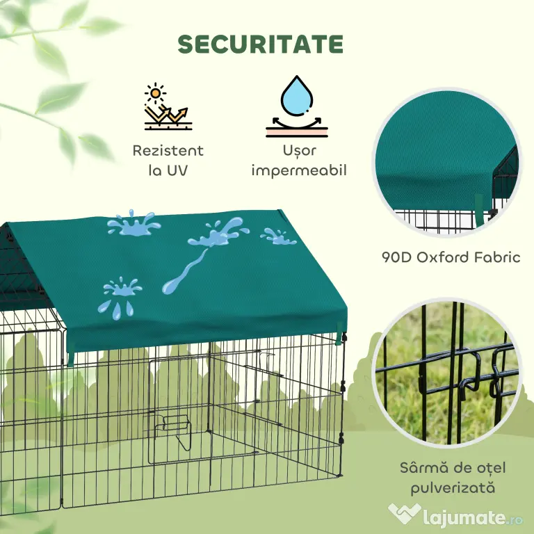 PawHut Cușcă pentru Iepuri și Găini de Exterior și Interior cu Protecție Solară și Grilaj Metalic, Coteț Recint pentru Animale Mici, Găini, 185x75x75 cm, Verde | Aosom Romania