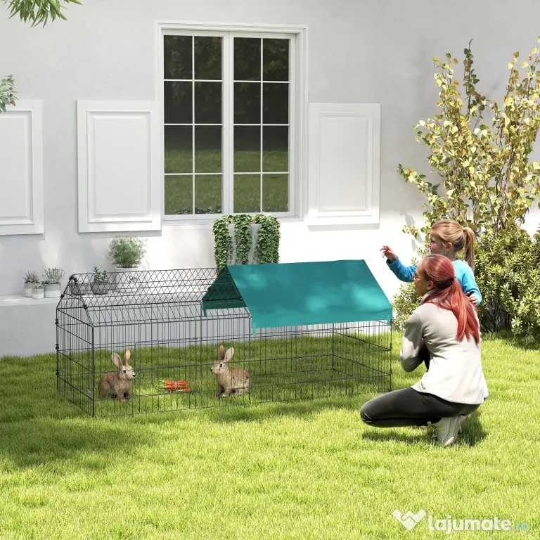 PawHut Cușcă pentru Iepuri și Găini de Exterior și Interior cu Protecție Solară și Grilaj Metalic, Coteț Recint pentru Animale Mici, Găini, 185x75x75 cm, Verde | Aosom Romania