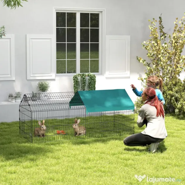 PawHut Cușcă pentru Iepuri și Găini de Exterior și Interior cu Protecție Solară și Grilaj Metalic, Coteț Recint pentru Animale Mici, Găini, 185x75x75 cm, Verde | Aosom Romania