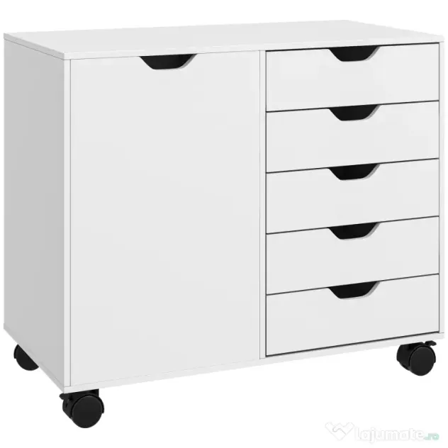 HOMCOM Dulap Lateral cu 5 Sertare, Dulap cu Raft Reglabil, Mobilier pentru Birou pe Roți, Suport pentru Imprimantă pentru Biroul de Acasă, Alb | Aosom Romania