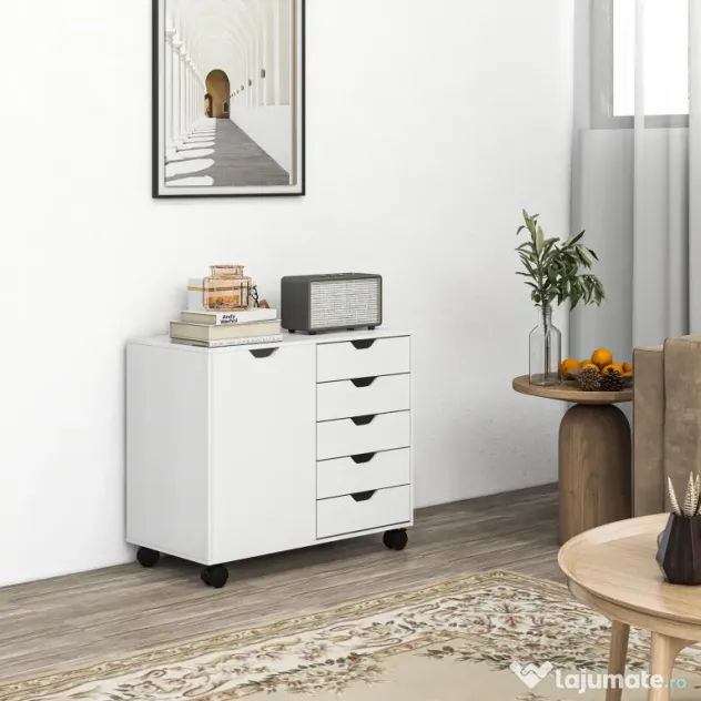 HOMCOM Dulap Lateral cu 5 Sertare, Dulap cu Raft Reglabil, Mobilier pentru Birou pe Roți, Suport pentru Imprimantă pentru Biroul de Acasă, Alb | Aosom Romania