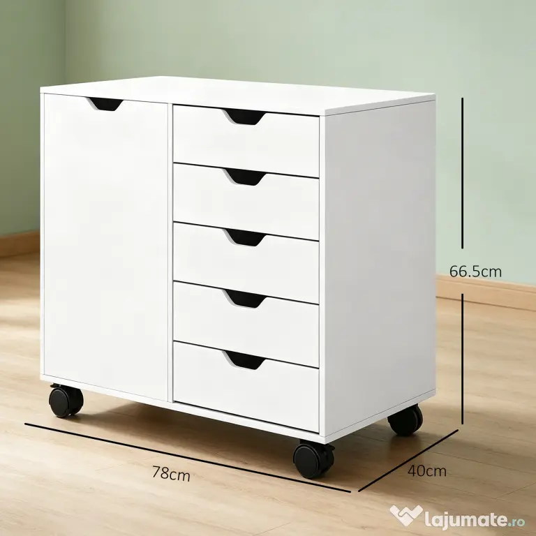 HOMCOM Dulap Lateral cu 5 Sertare, Dulap cu Raft Reglabil, Mobilier pentru Birou pe Roți, Suport pentru Imprimantă pentru Biroul de Acasă, Alb | Aosom Romania