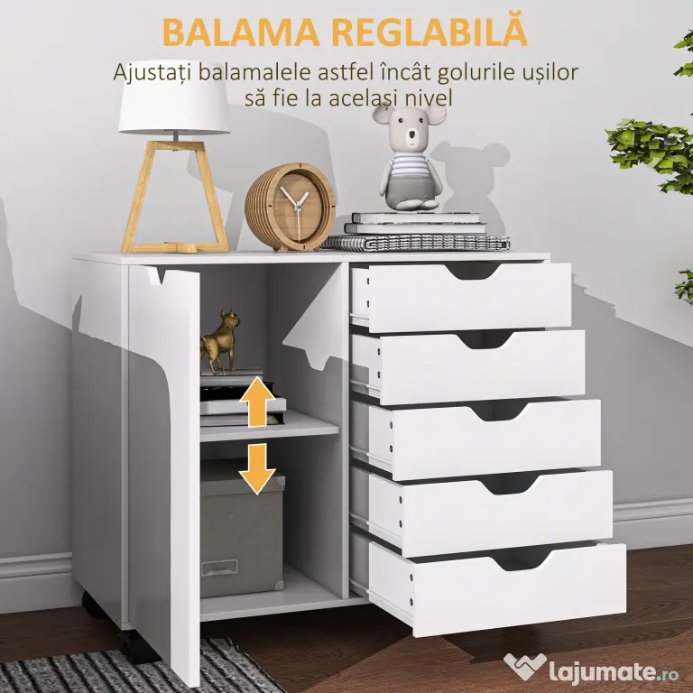 HOMCOM Dulap Lateral cu 5 Sertare, Dulap cu Raft Reglabil, Mobilier pentru Birou pe Roți, Suport pentru Imprimantă pentru Biroul de Acasă, Alb | Aosom Romania