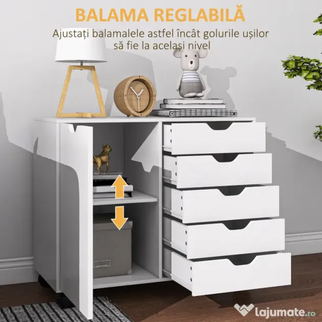 HOMCOM Dulap Lateral cu 5 Sertare, Dulap cu Raft Reglabil, Mobilier pentru Birou pe Roți, Suport pentru Imprimantă pentru Biroul de Acasă, Alb | Aosom Romania