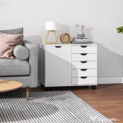 HOMCOM Dulap Lateral cu 5 Sertare, Dulap cu Raft Reglabil, Mobilier pentru Birou pe Roți, Suport pentru Imprimantă pentru Biroul de Acasă, Alb | Aosom Romania 