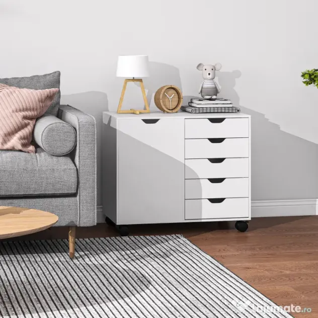 HOMCOM Dulap Lateral cu 5 Sertare, Dulap cu Raft Reglabil, Mobilier pentru Birou pe Roți, Suport pentru Imprimantă pentru Biroul de Acasă, Alb | Aosom Romania