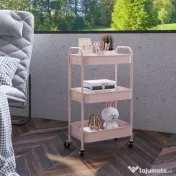 HOMCOM Cărucior de Bucătărie cu 3 Nivele, Mânere și 4 Roți, 45x30,6x79 cm, Roz | Aosom Romania