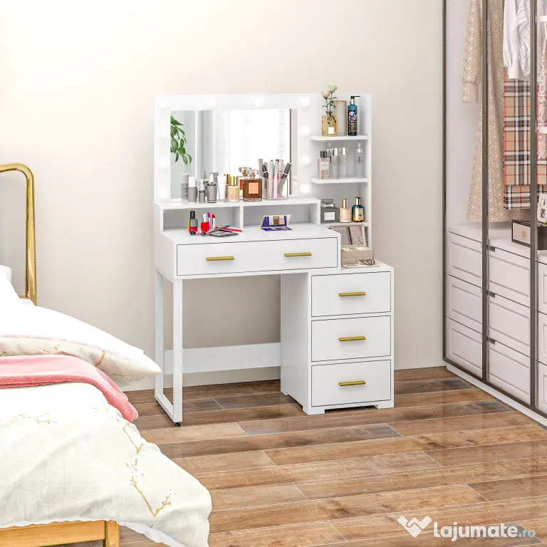 HOMCOM Masă de Machiaj Albă cu Oglindă, 4 Sertare și 6 Rafturi Deschise 100x40x138 cm | Aosom Romania