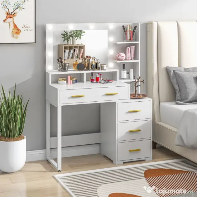 HOMCOM Masă de Machiaj Albă cu Oglindă, 4 Sertare și 6 Rafturi Deschise 100x40x138 cm | Aosom Romania
