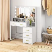 HOMCOM Masă de Machiaj din Lemn cu 4 Sertare, 6 Rafturi Deschise și Oglindă, 100x40x138 cm, Alb 