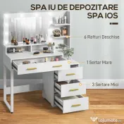 HOMCOM Masă de Machiaj din Lemn cu 4 Sertare, 6 Rafturi Deschise și Oglindă, 100x40x138 cm, Alb 