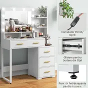 HOMCOM Masă de Machiaj din Lemn cu 4 Sertare, 6 Rafturi Deschise și Oglindă, 100x40x138 cm, Alb 