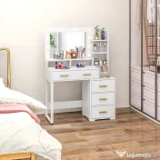 HOMCOM Masă de Machiaj din Lemn cu 4 Sertare, 6 Rafturi Deschise și Oglindă, 100x40x138 cm, Alb 