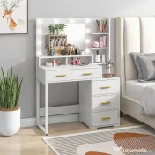 HOMCOM Masă de Machiaj din Lemn cu 4 Sertare, 6 Rafturi Deschise și Oglindă, 100x40x138 cm, Alb 