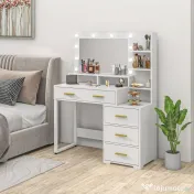 HOMCOM Masă de Machiaj din Lemn cu 4 Sertare, 6 Rafturi Deschise și Oglindă, 100x40x138 cm, Alb 