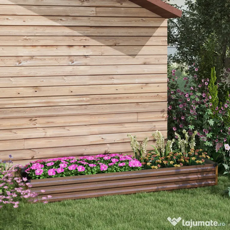 Outsunny Pat de Grădină Ridicat 405L, Jardiniere de Exterior din Oțel Galvanizat cu Bază Deschisă, pentru Plante, Flori și Legume, 240x60x30 cm, Imitație Lemn Închis | Aosom Romania