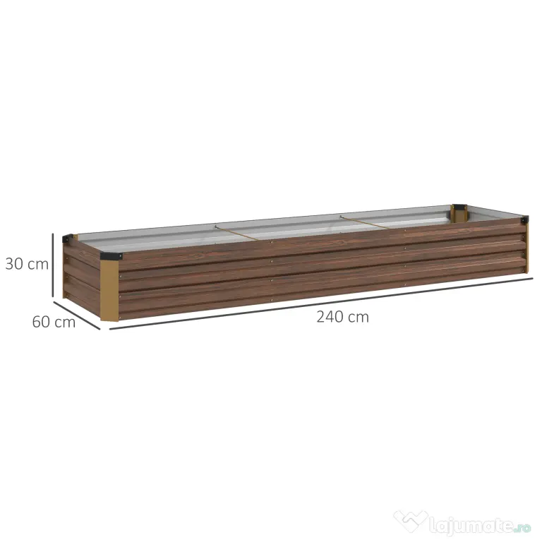 Outsunny Pat de Grădină Ridicat 405L, Jardiniere de Exterior din Oțel Galvanizat cu Bază Deschisă, pentru Plante, Flori și Legume, 240x60x30 cm, Imitație Lemn Închis | Aosom Romania
