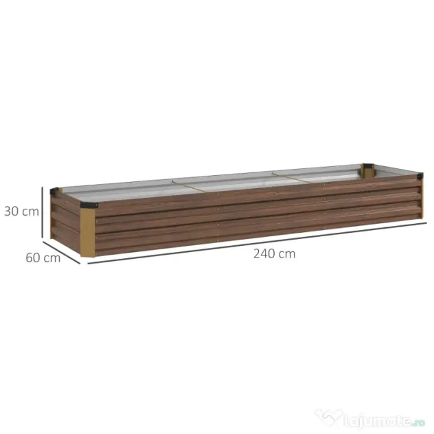 Outsunny Pat de Grădină Ridicat 405L, Jardiniere de Exterior din Oțel Galvanizat cu Bază Deschisă, pentru Plante, Flori și Legume, 240x60x30 cm, Imitație Lemn Închis | Aosom Romania