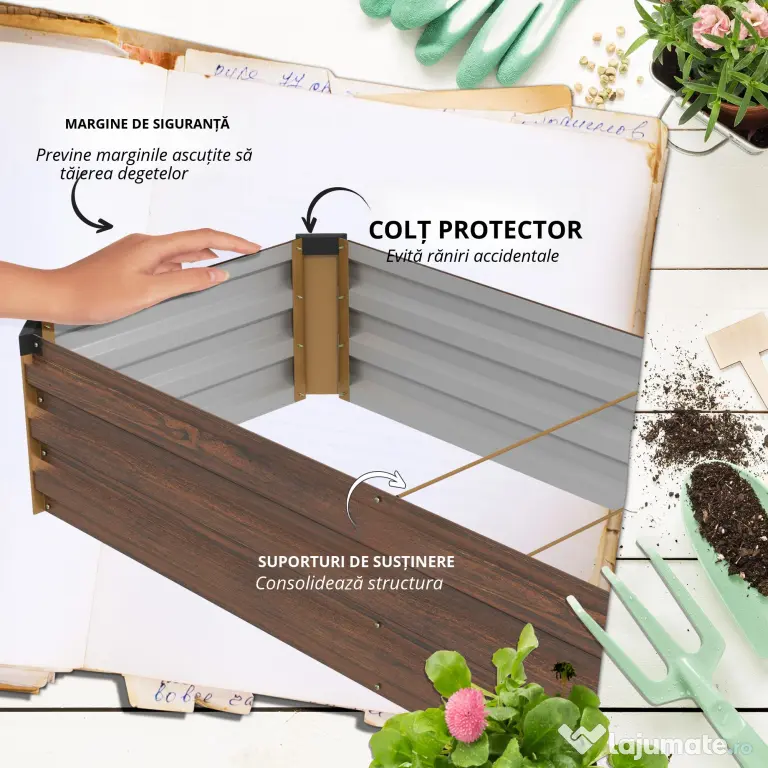 Outsunny Pat de Grădină Ridicat 405L, Jardiniere de Exterior din Oțel Galvanizat cu Bază Deschisă, pentru Plante, Flori și Legume, 240x60x30 cm, Imitație Lemn Închis | Aosom Romania