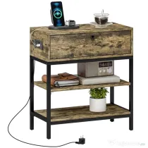 HOMCOM Măsuță de Cafea cu 2 Prize și 2 Porturi USB, Sertar și 2 Rafturi Deschise, 60x30x66,5 cm, Maro | Aosom Romania