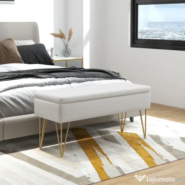 HOMCOM Bancuta otoman 100cm cu spatiu de depozitare, Bancuta tapitata pentru capatul patului cu picioare in forma de ac de par