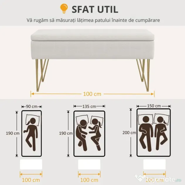 HOMCOM Bancuta otoman 100cm cu spatiu de depozitare, Bancuta tapitata pentru capatul patului cu picioare in forma de ac de par
