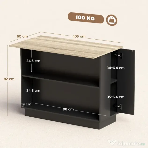 HOMCOM Insulă de Bucătărie cu Bar, Cărucior de Bucătărie cu 2 Compartimente Deschise și 2 Dulapuri, 105x60x82 cm, Negru | Aosom Romania