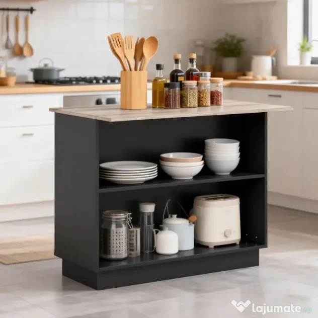 HOMCOM Insulă de Bucătărie cu Bar, Cărucior de Bucătărie cu 2 Compartimente Deschise și 2 Dulapuri, 105x60x82 cm, Negru | Aosom Romania