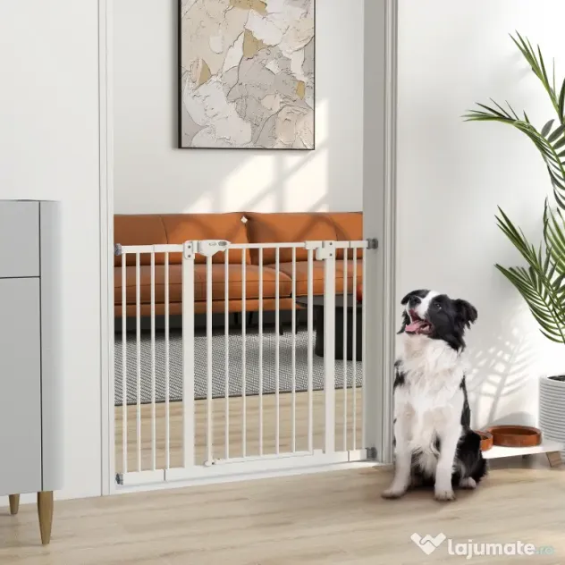 PawHut Poartă Extensibilă pentru Câini fără Șuruburi, Poartă de Siguranță Reglabilă cu 2 Extensii, 94-100 cm, Alb | Aosom Romania